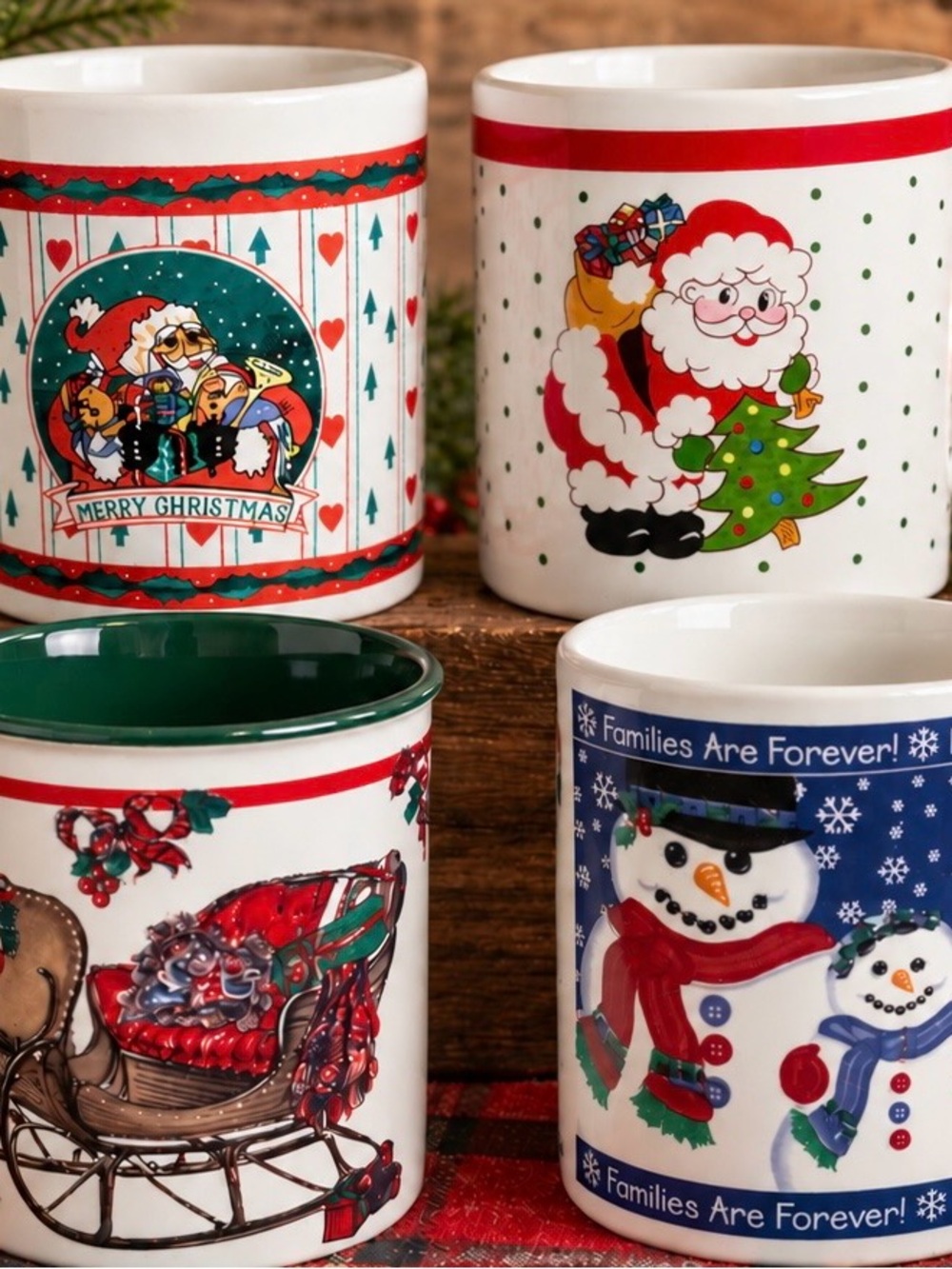 Holiday Ceramic Mug Set with Santa & Snowman Designs (White/Red/Green/Blue)